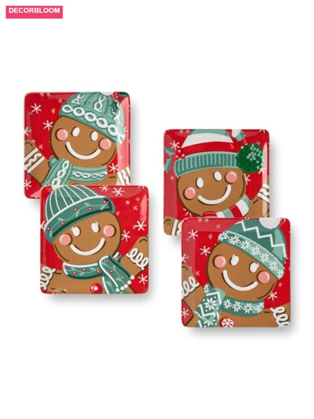 8.5" Square Ceramic Gingerbread Dessert Plates Set of 4 Christmas Holiday